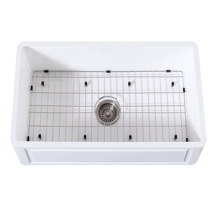 Kingston Arcticstone KGKFA301810LD 30-Inch Solid Surface White Stone Apron-Front Single Bowl Farmhouse Kitchen Sink with Strainer and Grid, Matte White/Brushed