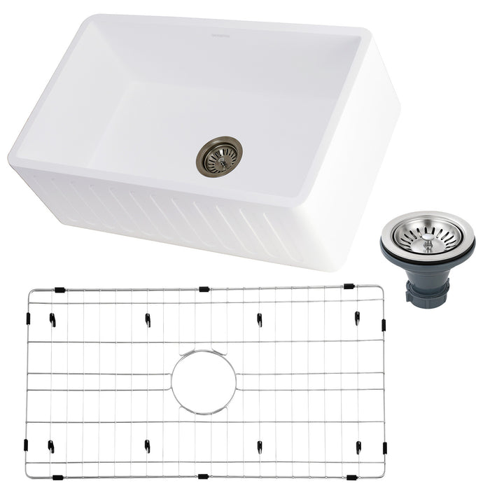 Arcticstone KGKFA301810RM 30-Inch Solid Surface White Stone Apron-Front Single Bowl Farmhouse Kitchen Sink with Strainer and Grid, Matte White/Brushed