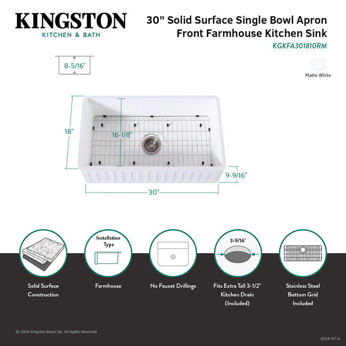 Arcticstone KGKFA301810RM 30-Inch Solid Surface White Stone Apron-Front Single Bowl Farmhouse Kitchen Sink with Strainer and Grid, Matte White/Brushed