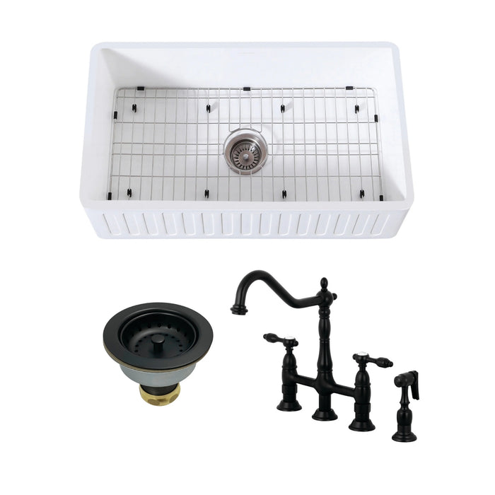 Arcticstone 30-Inch White Stone Single Bowl Farmhouse Kitchen Sink with Deck Mount Bridge Kitchen Faucet with Brass Side Sprayer and Basket Strainer, Matte Black