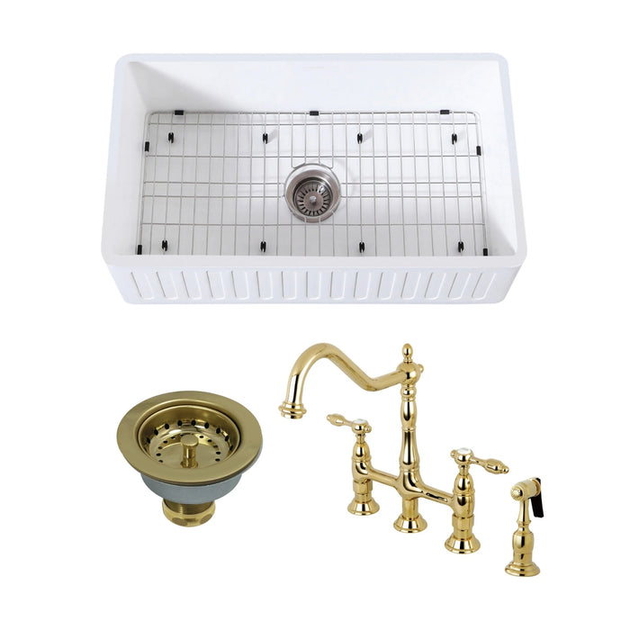 Arcticstone 30-Inch White Stone Single Bowl Farmhouse Kitchen Sink with Deck Mount Bridge Kitchen Faucet with Brass Side Sprayer and Basket Strainer, Polished Brass