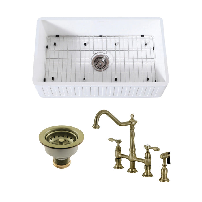 Arcticstone 30-Inch White Stone Single Bowl Farmhouse Kitchen Sink with Deck Mount Bridge Kitchen Faucet with Brass Side Sprayer and Basket Strainer, Antique Brass