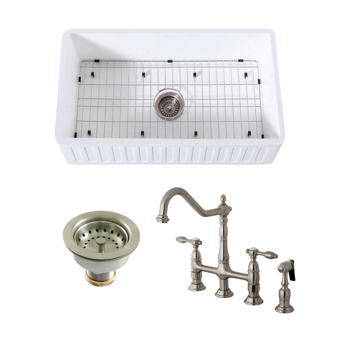 Arcticstone 30-Inch White Stone Single Bowl Farmhouse Kitchen Sink with Deck Mount Bridge Kitchen Faucet with Brass Side Sprayer and Basket Strainer, Brushed Nickel