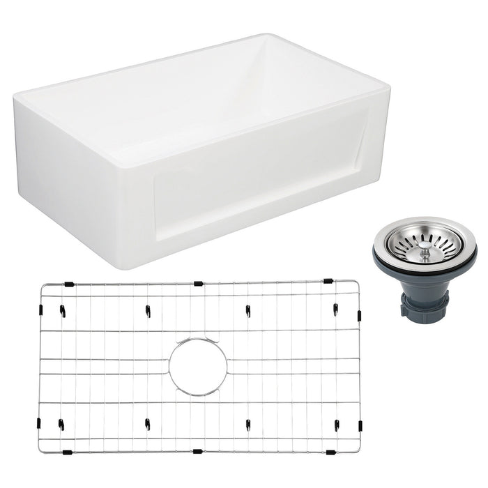 Kingston Arcticstone KGKFA301810SQ 30-Inch Solid Surface White Stone Apron-Front Single Bowl Farmhouse Kitchen Sink with Strainer and Grid, Matte White/Brushed