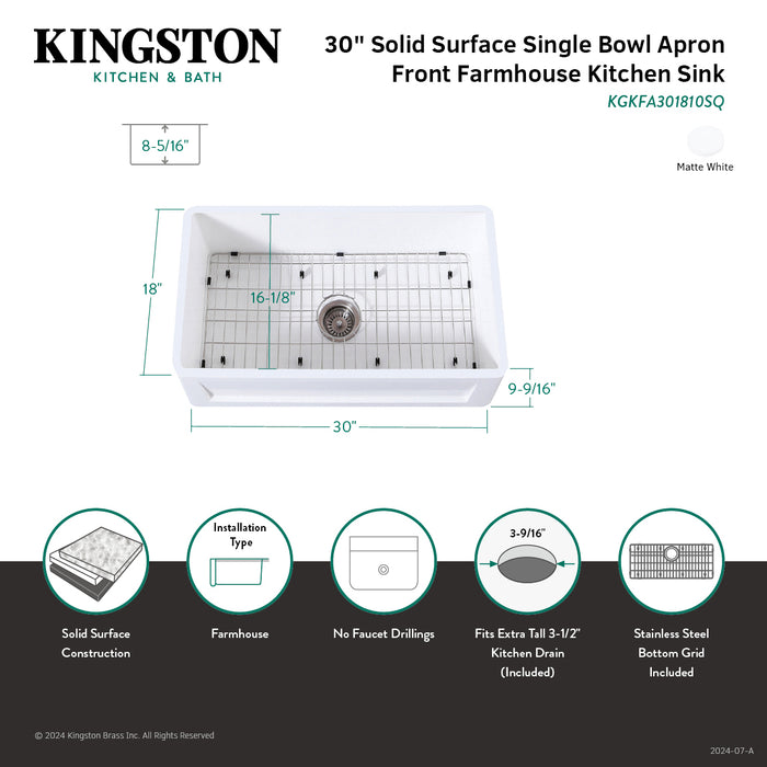 Kingston Arcticstone KGKFA301810SQ 30-Inch Solid Surface White Stone Apron-Front Single Bowl Farmhouse Kitchen Sink with Strainer and Grid, Matte White/Brushed
