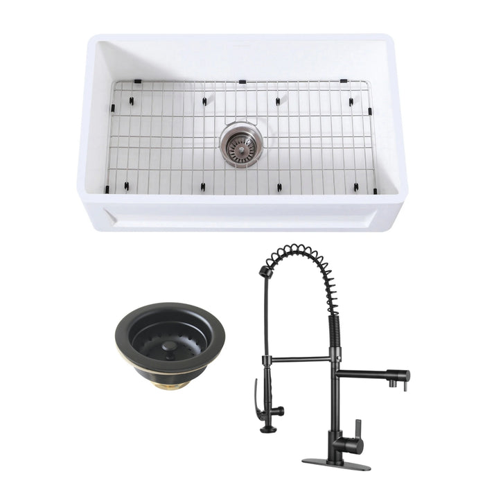 Arcticstone 30-Inch White Stone Single Bowl Farmhouse Kitchen Sink with Deck Mount Kitchen Faucet and Basket Strainer, Matte Black