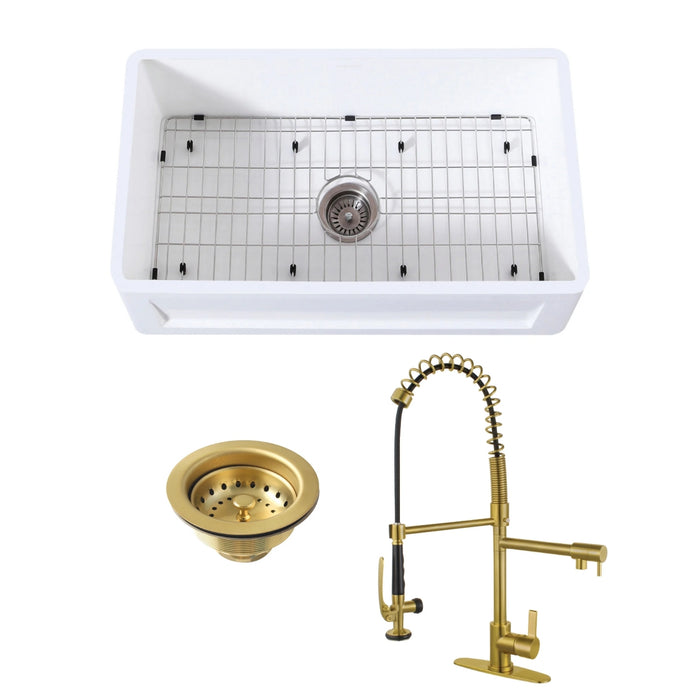 Arcticstone 30-Inch White Stone Single Bowl Farmhouse Kitchen Sink with Deck Mount Kitchen Faucet and Basket Strainer, Brushed Brass