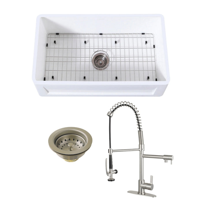 Arcticstone 30-Inch White Stone Single Bowl Farmhouse Kitchen Sink with Deck Mount Kitchen Faucet and Basket Strainer, Brushed Nickel
