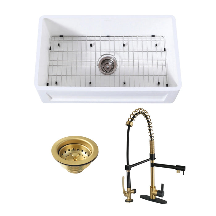 Arcticstone 30-Inch White Stone Single Bowl Farmhouse Kitchen Sink with Deck Mount Kitchen Faucet and Basket Strainer, Brushed Brass/Matte Black