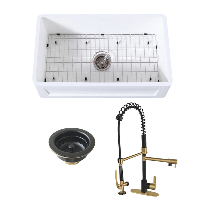 Arcticstone 30-Inch White Stone Single Bowl Farmhouse Kitchen Sink with Deck Mount Kitchen Faucet and Basket Strainer, Matte Black/Brushed Brass