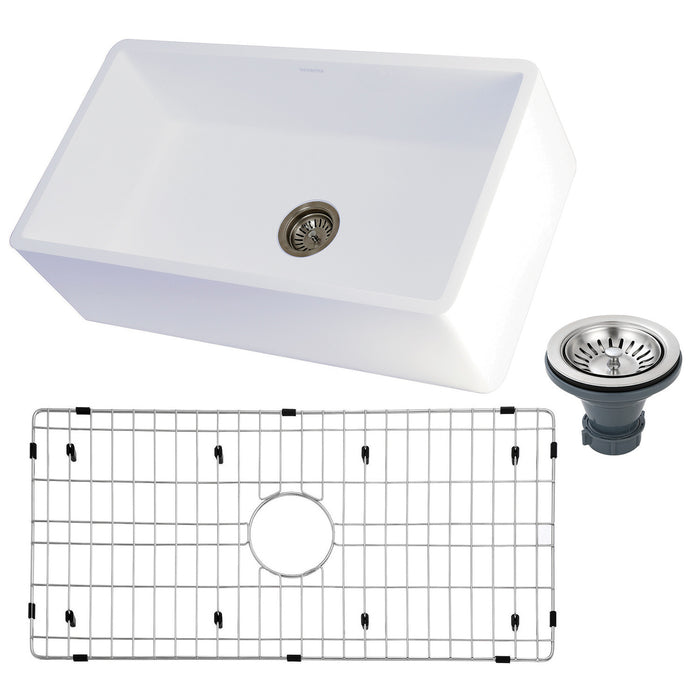 Kingston Heirloom KGKFA331810BC - Arcticstone 33-Inch Solid Surface White Stone Apron-Front Single Bowl Farmhouse Kitchen Sink with Strainer and Grid, Matte White/Brushed
