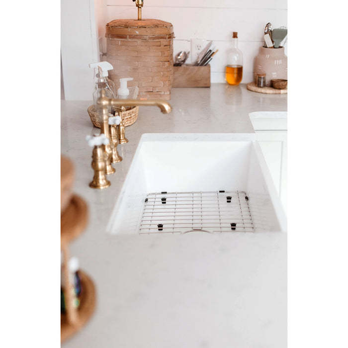 Kingston Heirloom KGKFA331810BC - Arcticstone 33-Inch Solid Surface White Stone Apron-Front Single Bowl Farmhouse Kitchen Sink with Strainer and Grid, Matte White/Brushed