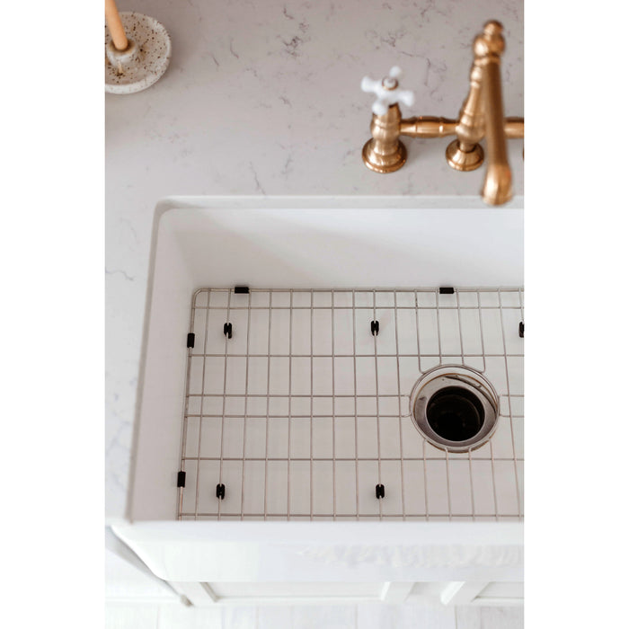 Kingston Heirloom KGKFA331810BC - Arcticstone 33-Inch Solid Surface White Stone Apron-Front Single Bowl Farmhouse Kitchen Sink with Strainer and Grid, Matte White/Brushed