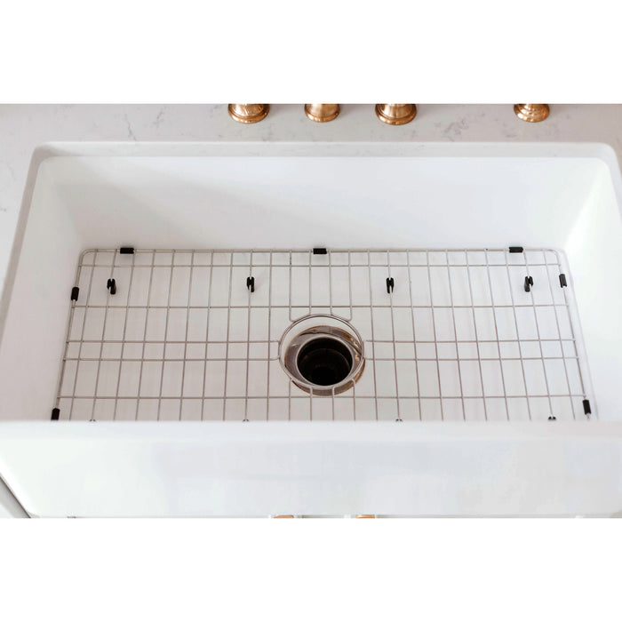 Kingston Heirloom KGKFA331810BC - Arcticstone 33-Inch Solid Surface White Stone Apron-Front Single Bowl Farmhouse Kitchen Sink with Strainer and Grid, Matte White/Brushed