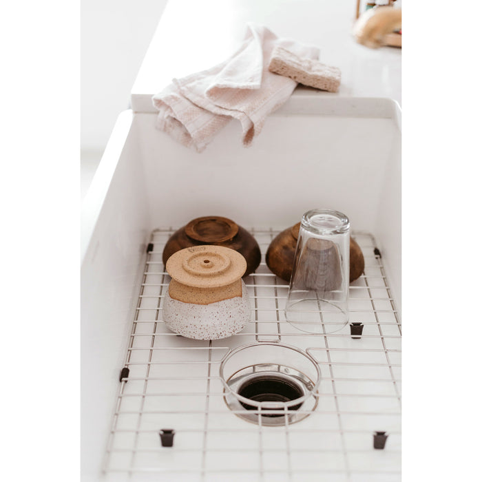 Kingston Heirloom KGKFA331810BC - Arcticstone 33-Inch Solid Surface White Stone Apron-Front Single Bowl Farmhouse Kitchen Sink with Strainer and Grid, Matte White/Brushed