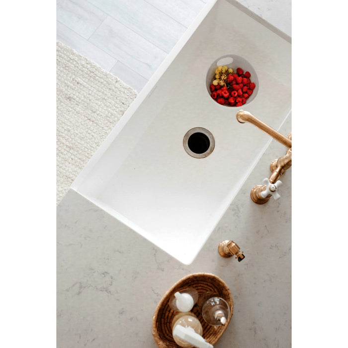 Kingston Heirloom KGKFA331810BC - Arcticstone 33-Inch Solid Surface White Stone Apron-Front Single Bowl Farmhouse Kitchen Sink with Strainer and Grid, Matte White/Brushed