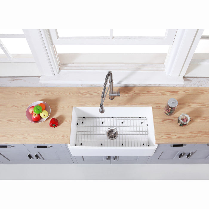 Kingston Heirloom KGKFA331810BC - Arcticstone 33-Inch Solid Surface White Stone Apron-Front Single Bowl Farmhouse Kitchen Sink with Strainer and Grid, Matte White/Brushed