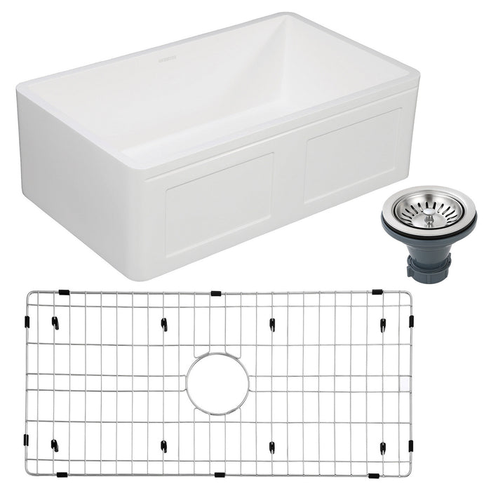 Kingston Arcticstone KGKFA331810DS 33-Inch Solid Surface White Stone Apron-Front Single Bowl Farmhouse Kitchen Sink with Strainer and Grid, Matte White/Brushed