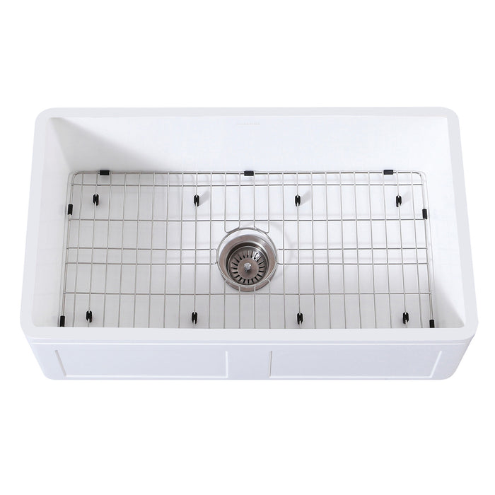 Kingston Arcticstone KGKFA331810DS 33-Inch Solid Surface White Stone Apron-Front Single Bowl Farmhouse Kitchen Sink with Strainer and Grid, Matte White/Brushed