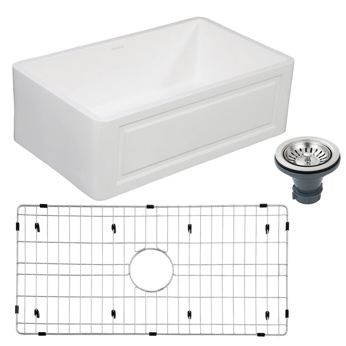 Kingston Arcticstone KGKFA331810LD 33-Inch Solid Surface White Stone Apron-Front Single Bowl Farmhouse Kitchen Sink with Strainer and Grid, Matte White/Brushed