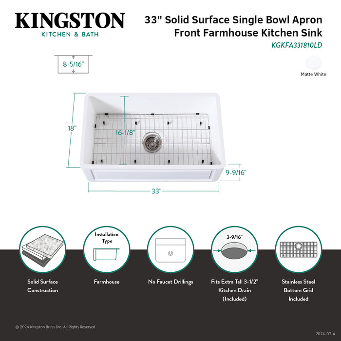 Kingston Arcticstone KGKFA331810LD 33-Inch Solid Surface White Stone Apron-Front Single Bowl Farmhouse Kitchen Sink with Strainer and Grid, Matte White/Brushed