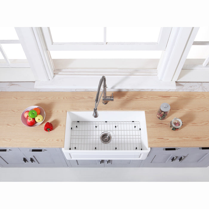 Kingston Arcticstone KGKFA331810LD 33-Inch Solid Surface White Stone Apron-Front Single Bowl Farmhouse Kitchen Sink with Strainer and Grid, Matte White/Brushed