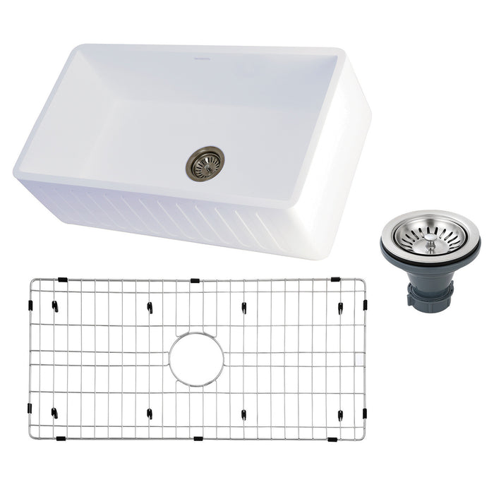 Kingston Sona KGKFA331810RM - Arcticstone 33-Inch Solid Surface White Stone Apron-Front Single Bowl Farmhouse Kitchen Sink with Strainer and Grid, Matte White/Brushed