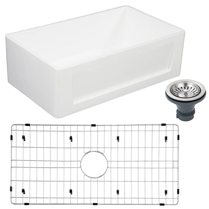 Kingston Arcticstone KGKFA331810SQ 33-Inch Solid Surface White Stone Apron-Front Single Bowl Farmhouse Kitchen Sink with Strainer and Grid, Matte White/Brushed