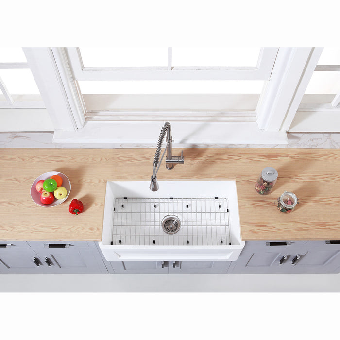 Kingston Arcticstone KGKFA331810SQ 33-Inch Solid Surface White Stone Apron-Front Single Bowl Farmhouse Kitchen Sink with Strainer and Grid, Matte White/Brushed