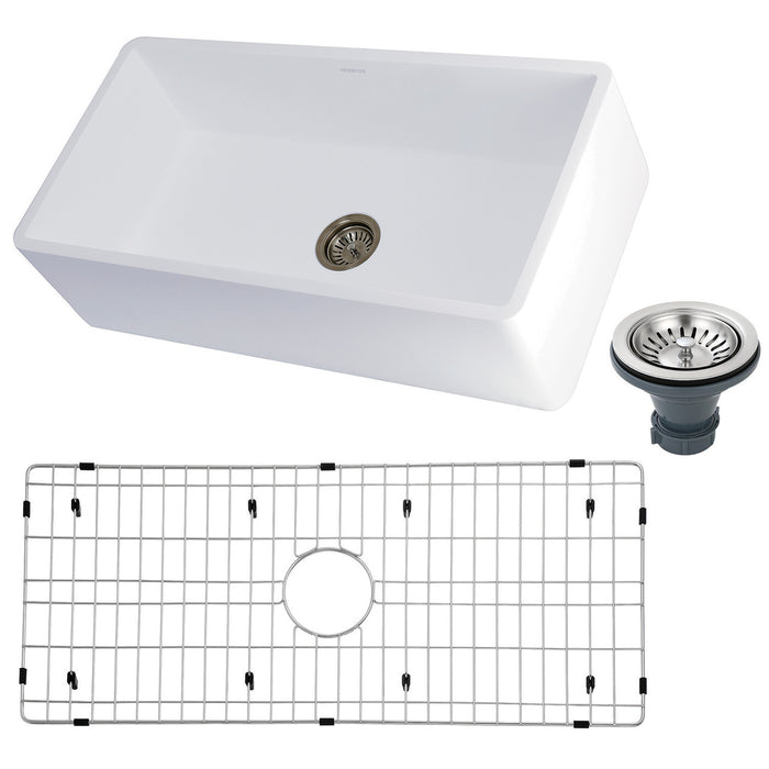 Kingston Heirloom KGKFA361810BC - Arcticstone 36-Inch Solid Surface White Stone Apron-Front Single Bowl Farmhouse Kitchen Sink with Strainer and Grid, Matte White/Brushed