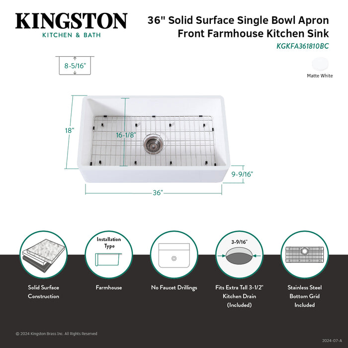 Kingston Heirloom KGKFA361810BC - Arcticstone 36-Inch Solid Surface White Stone Apron-Front Single Bowl Farmhouse Kitchen Sink with Strainer and Grid, Matte White/Brushed