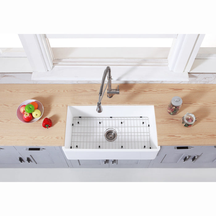 Kingston Heirloom KGKFA361810BC - Arcticstone 36-Inch Solid Surface White Stone Apron-Front Single Bowl Farmhouse Kitchen Sink with Strainer and Grid, Matte White/Brushed