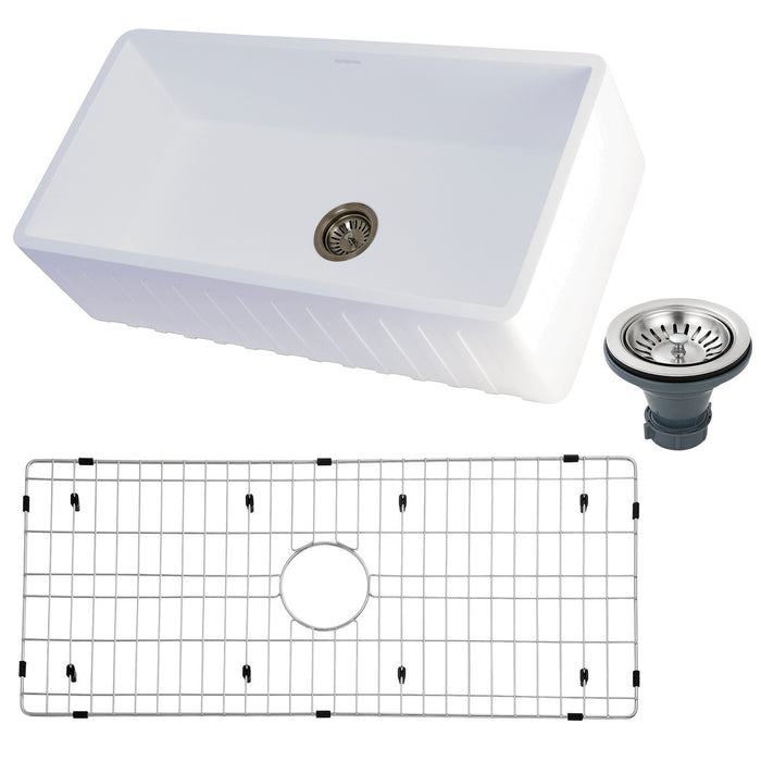 Kingston Sona KGKFA361810CD - Arcticstone 36-Inch Solid Surface White Stone Apron-Front Single Bowl Farmhouse Kitchen Sink with Strainer and Grid, Matte White/Brushed