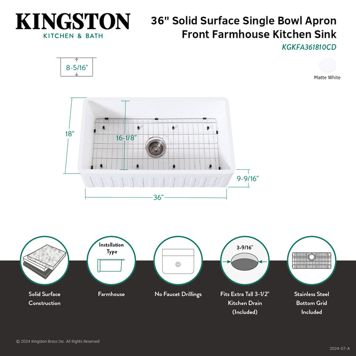 Kingston Sona KGKFA361810CD - Arcticstone 36-Inch Solid Surface White Stone Apron-Front Single Bowl Farmhouse Kitchen Sink with Strainer and Grid, Matte White/Brushed