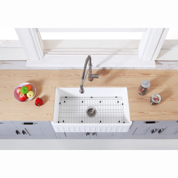 Kingston Sona KGKFA361810CD - Arcticstone 36-Inch Solid Surface White Stone Apron-Front Single Bowl Farmhouse Kitchen Sink with Strainer and Grid, Matte White/Brushed