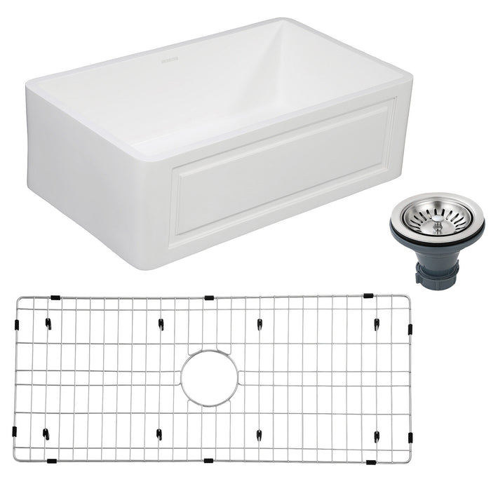 Kingston Arcticstone KGKFA361810LD 36-Inch Solid Surface White Stone Apron-Front Single Bowl Farmhouse Kitchen Sink with Strainer and Grid, Matte White/Brushed
