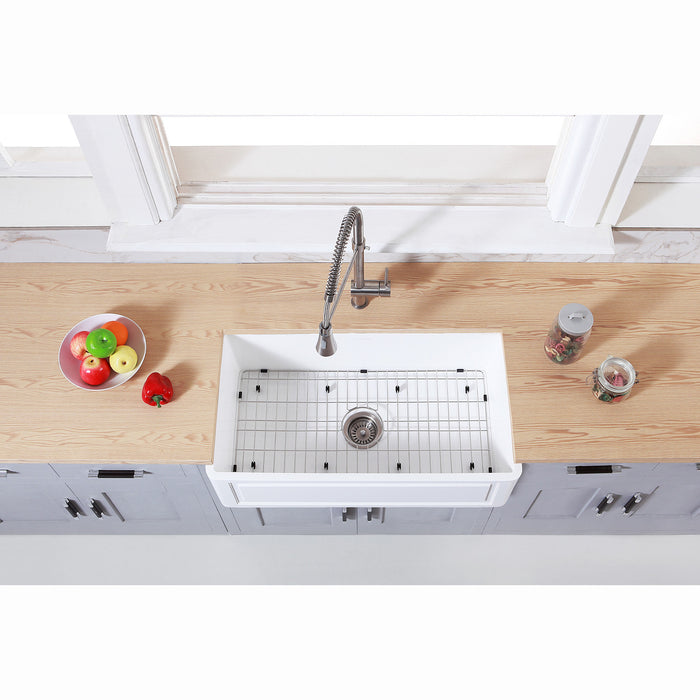 Kingston Arcticstone KGKFA361810LD 36-Inch Solid Surface White Stone Apron-Front Single Bowl Farmhouse Kitchen Sink with Strainer and Grid, Matte White/Brushed