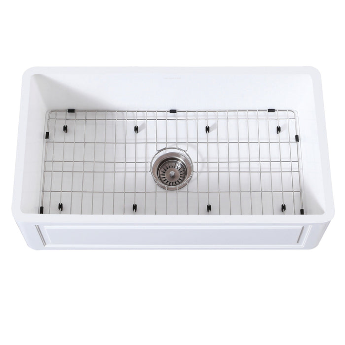 Kingston Arcticstone KGKFA361810LD 36-Inch Solid Surface White Stone Apron-Front Single Bowl Farmhouse Kitchen Sink with Strainer and Grid, Matte White/Brushed