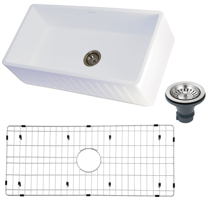 Kingston Sona KGKFA361810RM - Arcticstone 36-Inch Solid Surface White Stone Apron-Front Single Bowl Farmhouse Kitchen Sink with Strainer and Grid, Matte White/Brushed