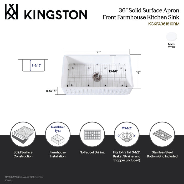 Kingston Sona KGKFA361810RM - Arcticstone 36-Inch Solid Surface White Stone Apron-Front Single Bowl Farmhouse Kitchen Sink with Strainer and Grid, Matte White/Brushed