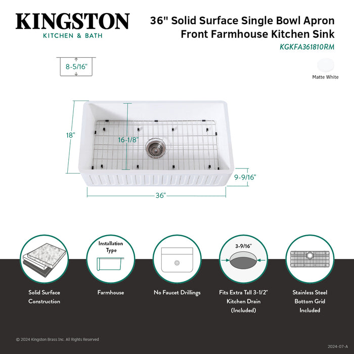 Kingston Sona KGKFA361810RM - Arcticstone 36-Inch Solid Surface White Stone Apron-Front Single Bowl Farmhouse Kitchen Sink with Strainer and Grid, Matte White/Brushed