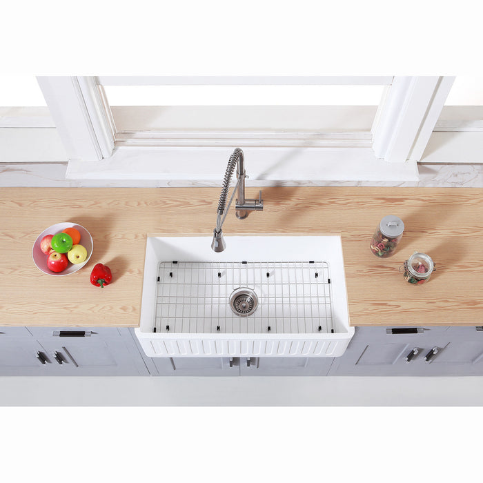 Kingston Sona KGKFA361810RM - Arcticstone 36-Inch Solid Surface White Stone Apron-Front Single Bowl Farmhouse Kitchen Sink with Strainer and Grid, Matte White/Brushed