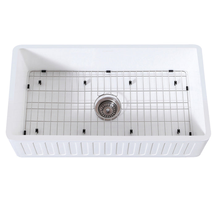 Kingston Sona KGKFA361810RM - Arcticstone 36-Inch Solid Surface White Stone Apron-Front Single Bowl Farmhouse Kitchen Sink with Strainer and Grid, Matte White/Brushed
