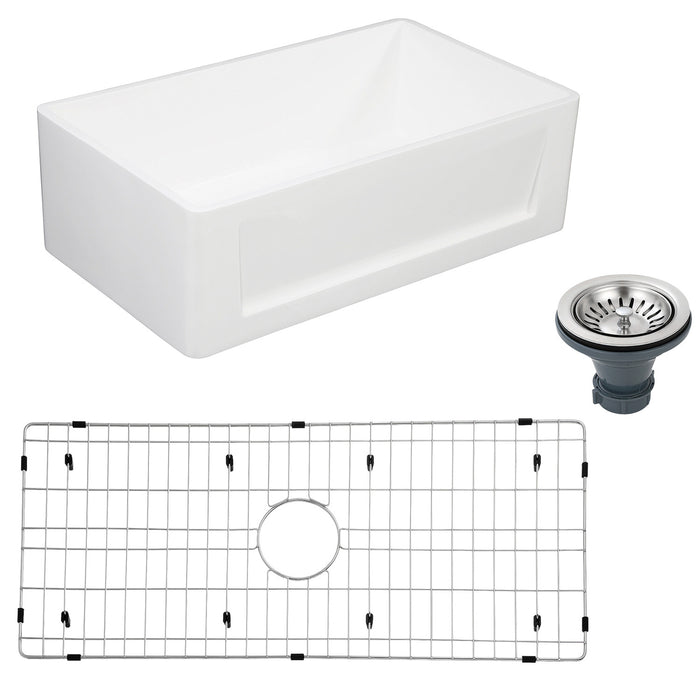 Kingston Arcticstone KGKFA361810SQ 36-Inch Solid Surface White Stone Apron-Front Single Bowl Farmhouse Kitchen Sink with Strainer and Grid, Matte White/Brushed