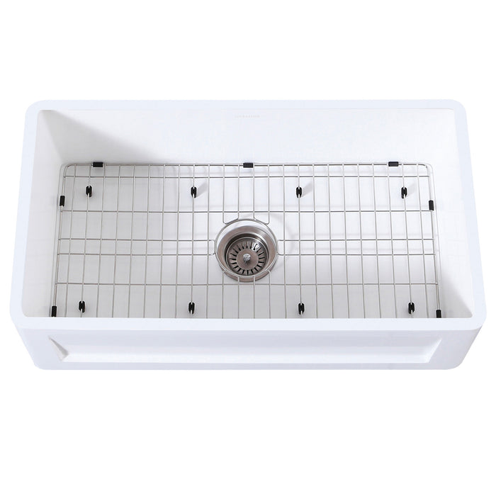 Kingston Arcticstone KGKFA361810SQ 36-Inch Solid Surface White Stone Apron-Front Single Bowl Farmhouse Kitchen Sink with Strainer and Grid, Matte White/Brushed
