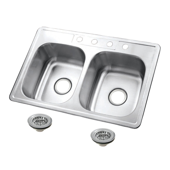 Kingston Tulare KGKTD332261 - Studio 33-Inch Stainless Steel Self-Rimming Double Bowl Drop-In Kitchen Sink (4-Hole) with Strainer, Stainless Steel/Polished Chrome