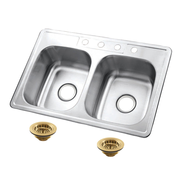 Kingston Tulare KGKTD332267 - Studio 33-Inch Stainless Steel Self-Rimming Double Bowl Drop-In Kitchen Sink (4-Hole) with Strainer, Stainless Steel/Brushed Brass