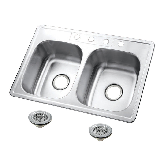 Kingston Tulare KGKTD332271 - Studio 33-Inch Stainless Steel Self-Rimming Double Bowl Drop-In Kitchen Sink (4-Hole) with Strainer, Stainless Steel/Polished Chrome