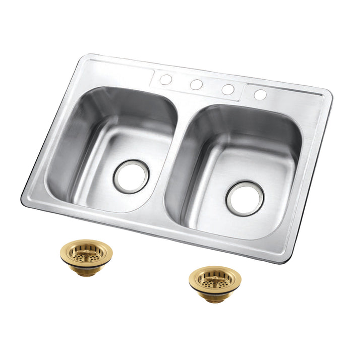 Kingston Tulare KGKTD332277 - Studio 33-Inch Stainless Steel Self-Rimming Double Bowl Drop-In Kitchen Sink (4-Hole) with Strainer, Stainless Steel/Brushed Brass