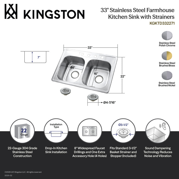Kingston Tulare KGKTD332278 - Studio 33-Inch Stainless Steel Self-Rimming Double Bowl Drop-In Kitchen Sink (4-Hole) with Strainer, Brushed Stainless Steel/Brushed Nickel